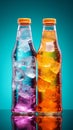 A distinctive plastic soda or mineral bottle, with irregular shape, against a colorful studio background