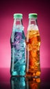 A distinctive plastic soda or mineral bottle, with irregular shape, against a colorful studio background