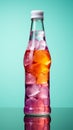 A distinctive plastic soda or mineral bottle, with irregular shape, against a colorful studio background