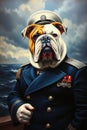 Bulldog in uniform: A dignified canine officer stands proudly against a backdrop of stormy seas and sky Royalty Free Stock Photo