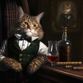 Distinguished ore gentleman Maine Coon cat drinks Scotch whiskey Royalty Free Stock Photo