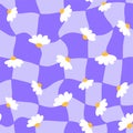 Distorted checkered with daisy flowers seamless pattern. Groovy 1970 retro grid psychedelic background. 1990 aesthetic vibe. Funky