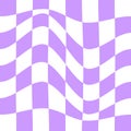 Distorted chess board background. Checkered visual illusion. Psychedelic pattern with warped purple and white squares