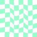 Distorted chess board background. Chequered op illusion. Psychedelic pattern with warped blue and white squares. Plaid
