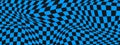 Distorted chess board background. Psychedelic pattern with warped black and blue squares. Trippy checkerboard texture