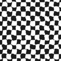 Distorted chessboard background. Black and white squares. Abstract warped design. Vector graphic pattern.