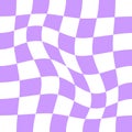 Distorted chessboard background. Checkered optical illusion. Psychedelic y2k pattern with warped purple and white Royalty Free Stock Photo