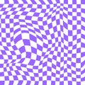 Distorted chessboard surface. Chequered optical illusion in 2yk style. Psychedelic dizzy pattern with warped purple and