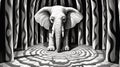 Whimsical Elephant In Illusionary Tunnel: A Black And White Op Art