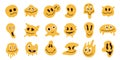 Distorted emoticons. Psychedelic abstract emoji characters with dripping, smile, frown and angry feelings, cute abstract