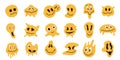 Distorted emoticons. Psychedelic abstract emoji characters with dripping, smile, frown and angry feelings, cute abstract emojis.