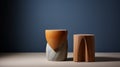 Distorted And Exaggerated Forms: Dark Azure And Light Amber Wooden Stool And Vase Royalty Free Stock Photo