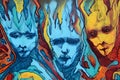 Distorted faces flames graffiti