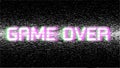 Distorted game over sign on black backdrop. Glitch text on old video template. Retro pixel VHS noise background. Vector