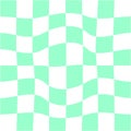 Distorted green and white chess board background. Chequered optical illusion. Psychedelic pattern with warped squares