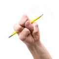 Distorted hand with pencil in white background