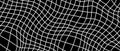 Distorted outline wireframe background. Abstract wavy chessboard wallpaper. Warped curved grid surface pattern. White on