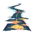 Distorted road, leading forward, colorful splashes, abstract illustration. Winding, broken path