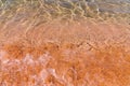 Distorted texture of sand under water. Transparent water ripples, sand waves and glare of sunlight. Seabed background