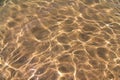 Distorted texture of sand under water. Transparent water ripples, sand waves and glare of sunlight. Seabed background