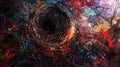 A distorted and warped space caused by the presence of a massive object with threads of varying lengths and colors