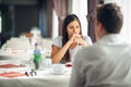 Distracted pensive woman thinking,not listening conversation.Emotional mental problems.Issues in marriage and relationship Royalty Free Stock Photo