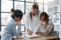 Distracted from preparing college project happy young laughing diverse classmates having fun, telling jokes, enjoying Royalty Free Stock Photo