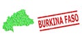 Distress Burkina Faso Watermark and Green Men and Dollar Mosaic Map of Burkina Faso