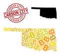 Distress Carson City Seal with Money and Bitcoin Gold Mosaic Map of Oklahoma State