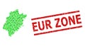 Distress EUR Zone Stamp Seal and Green People and Dollar Mosaic Map of Fujian Province