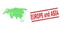 Distress Europe and Asia Watermark and Green Men and Dollar Mosaic Map of Europe and Asia