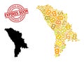 Distress Expires Soon Seal with Money and Bitcoin Golden Mosaic Map of Moldova