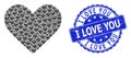 Distress I Love You Round Seal Stamp and Recursive Love Heart Icon Mosaic