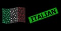 Distress Italian Badge and Bright Polygonal Network Waving Italy Flag with Light Spots