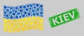 Distress Kiev Seal and Waving Sunny Ukraine Flag Collage with Suns