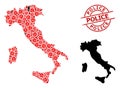 Distress Police Watermark and Men with Viral Mosaic Map of Italy