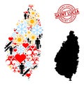 Grunge Saint Lucia Badge and Winter Men Syringe Mosaic Map of Saint Lucia Island