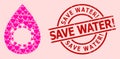 Rubber Save Water! Seal and Pink Lovely Virus Drop Collage Royalty Free Stock Photo