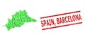Distress Spain, Barcelona Stamp and Green People and Dollar Mosaic Map of Malaga Province