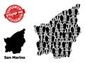 Distress Stamp Me Badge and San Marino Map Collage of Human Footprints Icons