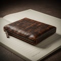 A distressed brown leather wallet sits on an open lined notebook. The wallet features Royalty Free Stock Photo