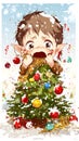 A distressed child with elf ears is overwhelmed by a Christmas tree and falling snow Royalty Free Stock Photo