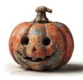 Distressed jack-o\'-lantern with worn smiley face, peeling paint texture, and weathered surface on white background Halloween Royalty Free Stock Photo