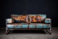 distressed leather sofa with exposed metal frame in a studio