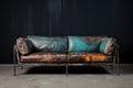 distressed leather sofa with exposed metal frame in a studio