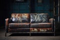 distressed leather sofa with exposed metal frame in a studio