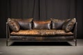 distressed leather sofa with exposed metal frame in a studio