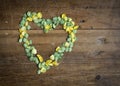 Spring flower petals and tiny leaves create a heart shape on rustic wood table top Royalty Free Stock Photo