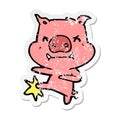 distressed sticker of a angry cartoon pig karate kicking