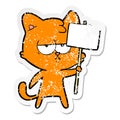 distressed sticker of a bored cartoon cat with sign post Royalty Free Stock Photo